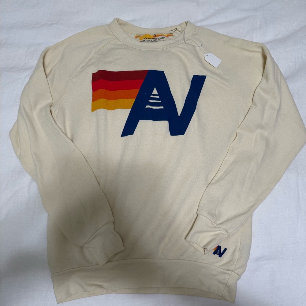 Aviator Nation Cream and Red Crewneck Sweater with Retro Graphic